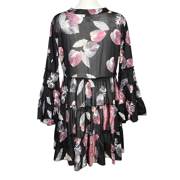 Zury Calypso Printed Boho Dress Cotton Black Pink Tie Front Tiered One Size - Picture 4 of 8